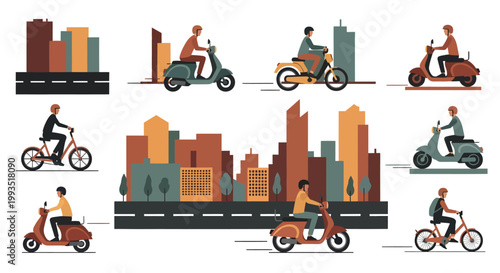 City commuters riding scooters and motorcycles on urban roads