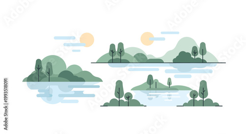 Serene landscape with islands, trees, and calm waters at sunrise