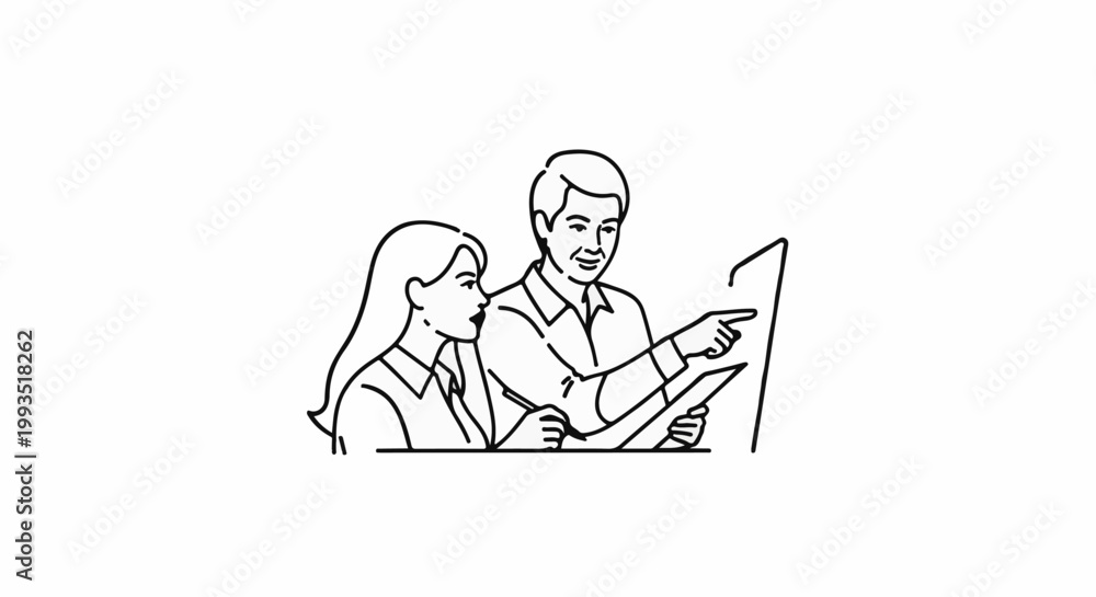 Fototapeta premium Two colleagues collaborate on a project, pointing and writing