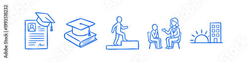 Set of blue hand-drawn icons illustrating education, career growth, graduation, job interviews, and professional success on a clean white background.