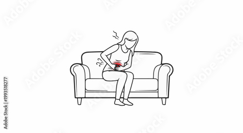 Woman on couch holding stomach in pain, medical discomfort