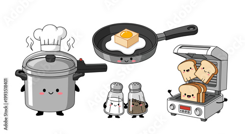 Cute Kawaii Kitchen Appliances and Cooking Tools Set with Pressure Cooker, Frying Pan, Salt and Pepper Shakers and Bread Toaster Mascot Characters Vector