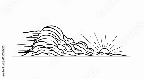 Sunrise breaking through dramatic clouds, depicted in a simple line art style