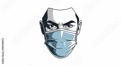 A close-up, stylized illustration of a person's face wearing a light blue medical mask