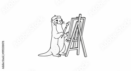 A cartoon otter in a beret paints on an easel with a brush