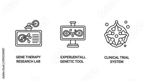Icons representing gene therapy research lab experimental genetic tool clinical trial system research experimental clinical medicine healthcare biotechnology molecule illustration