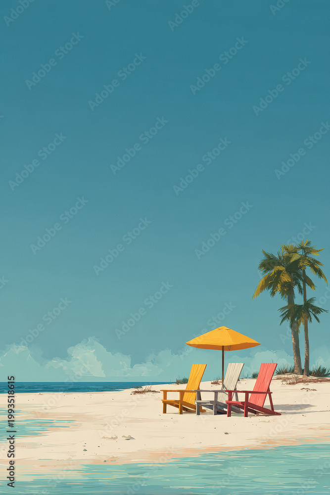 Fototapeta premium Relaxing beach scene with colorful chairs and palm trees under a clear sky