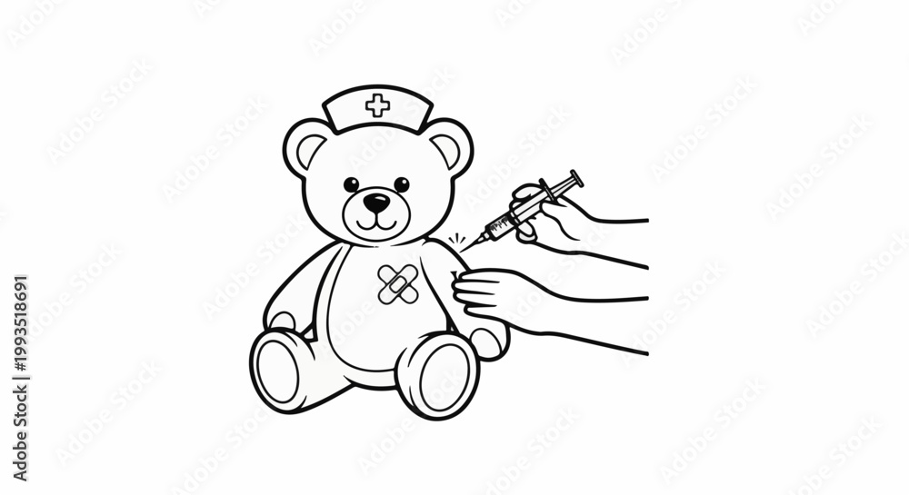 Obraz premium A teddy bear wearing a nurse's hat receives a shot