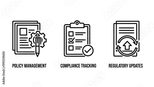 Policy management compliance tracking regulatory updates icons with line art management compliance tracking regulatory document settings clipboard checklist checkmark business interface