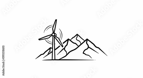 Black and white sketch of a wind turbine in front of mountains