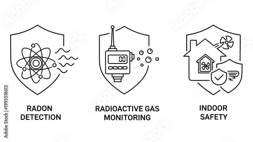 Shield icons showing radon detection with atom radioactive gas monitoring with device indoor safety with house and checkmark health icon home safety air quality gas detector gas monitor