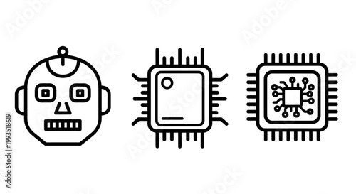 Robot head and computer processors icons with artificial intelligence line art web design app icon computer processor microchip electronics technology processing robotics automation