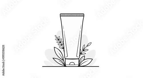 A simple line drawing of a cosmetic tube surrounded by leaves