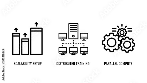 Icons for scalability setup distributed training parallel compute with bars chart data processing high performance machine learning artificial intelligence big data server farm web icon