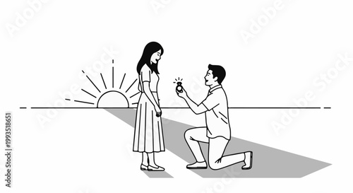 A romantic proposal at sunrise with a man on one knee offering a ring