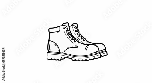 A stark black and white line drawing of two sturdy work boots on a white background