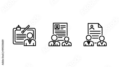 Recruitment and hiring process icons with recruitment business application candidate applicant interview clipboard document personnel resources employee selection management strategy