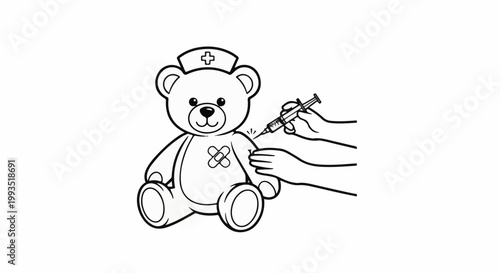 A teddy bear wearing a nurse's hat receives a shot
