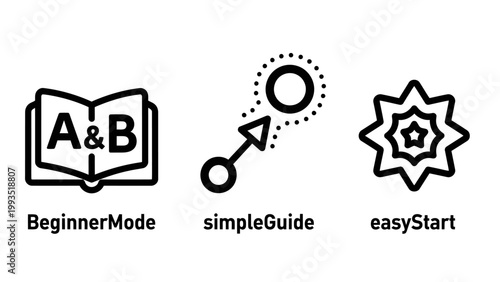 Icons for beginner mode simple guide easy start in education and software beginner learning education tutorial guidance onboarding software interface experience instruction workflow