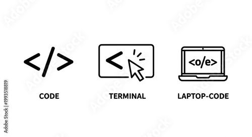 Icons for code terminal laptop with code command line web development flat design programming terminal computer software developer technology application illustration internet interface