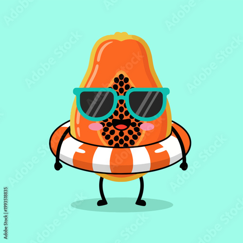 Cute Papaya Character Ready for Summer Vacation with Sunglasses and Swim Ring.