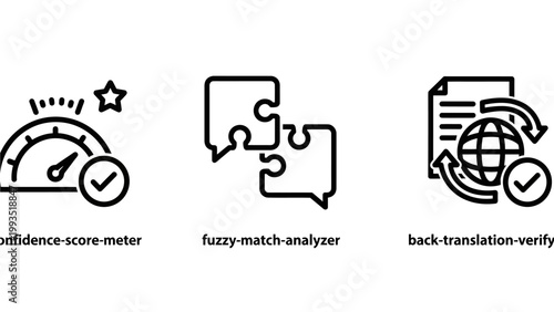 Icons for confidence score fuzzy matching back-translation verification with collection illustration speedometer confidence progress matching analyzer analysis algorithm information document