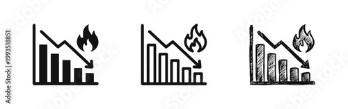Financial Crisis and Economic Loss Icons showing Declining Chart and Fire
