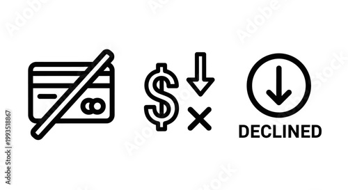 Credit card declined icons: payment failed currency exchange loss transaction declined with declined transaction currency exchange prohibited business shopping commerce purchase
