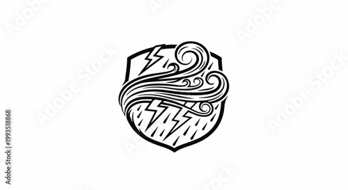 Stylized shield with wind, lightning, and rain symbols