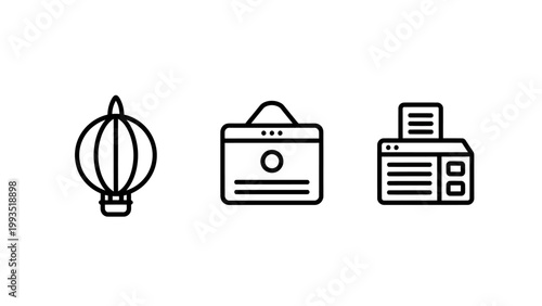 Icons for hot air balloon website browser window document printer with transportation internet document printing communication information illustration navigation equipment business resource