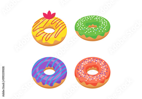 Set of Delicious Glazed Donuts with Different Toppings and Sprinkles, Sweet Pastry Collection, Chocolate and Strawberry Doughnuts for Dessert Menu Design and Food Bakery Banner
