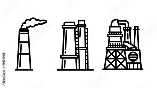 Industrial factory icons with smoking chimney and process towers heavy industry industrial manufacturing production building structure pollution environment processing industry