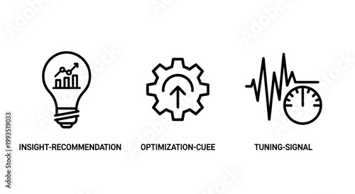 Icons for insight recommendation optimization guide tuning signal representing business intelligence and performance monitoring recommendation optimization business intelligence performance