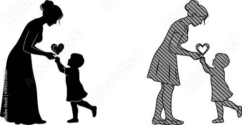 Mother giving heart to child silhouette set love parenting concept family bond outline vector illustration design collection