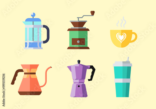 Modern Flat Coffee Brewing Methods and Equipment Set, French Press Grinder Pour Over Moka Pot and Takeaway Cup Vector Illustration Icons