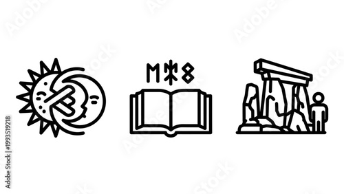 Set of occult and mystical symbols sun and moon open book with runes and ancient stone monument ancient ruins magic book celestial bodies ancient history mystical esoteric monument spiritual