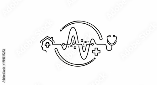 Conceptual medical graphic heartbeat, home, head, stethoscope, and cross