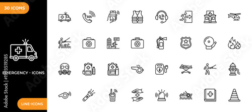 Emergency line icon set. Emergency icons represent various situations and services related to rescue and first aid. includes ambulances, SOS calls, fire alarms, medical kits, and police badges.