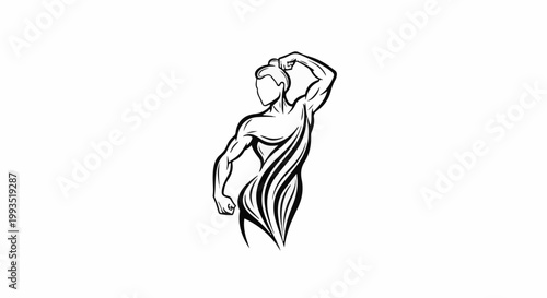 Stylized outline of a muscular figure flexing arm on white background