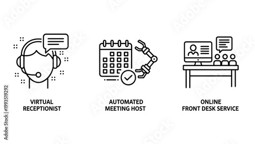 Virtual receptionist and automated meeting host icons for online front desk services and digital business communication with receptionist automated business communication assistant technology