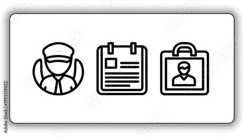 Security personnel and identification badge icons for workplace access control and professional management systems with security identification employee personnel business management membership