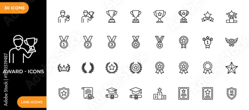 Award line icon set. Collection of high-quality line icons of gold trophies, winner medals, champion laurel wreaths, academic graduation caps, certificates and stars for reward systems design.