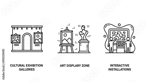 Art gallery and cultural exhibition icons representing display zones and interactive museum installations with exhibition interactive installation painting sculpture creative education interior