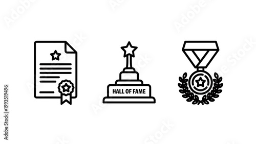 Excellence and achievement award icons featuring professional certificate hall of fame trophy and medal recognition certificate achievement recognition competition excellence performance