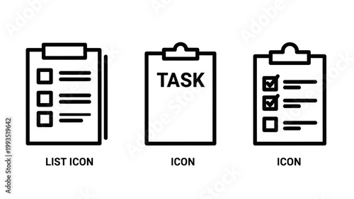 Productivity and task management icon set showing clipboard checklist task list document project management board elements clipboard document checklist management business productivity