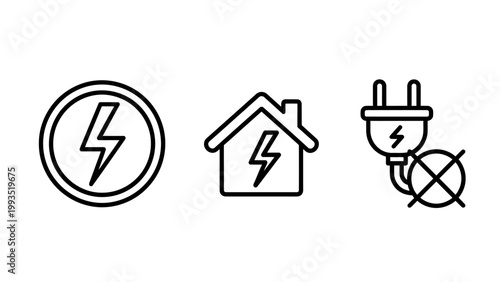 Electricity and energy icons collection featuring a lightning symbol home power connection a disconnected plug representing power failure electricity lightning electric household blackout