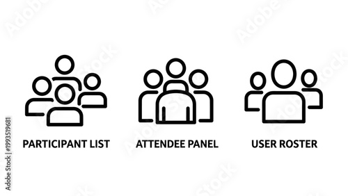 Set of minimalist black line icons for participant list attendee panel user roster suitable for software and interface design participant attendee membership community management software