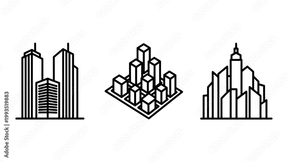 Fototapeta premium Urban infrastructure and city skyline line icon set depicting skyscrapers and building complexes with building architecture skyscraper construction metropolis apartment development district