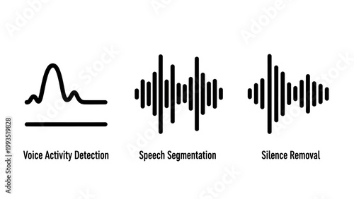Audio signal processing icons illustrating voice activity detection waves speech segmentation breaks silence removal technology for digital recording activity detection segmentation waveform