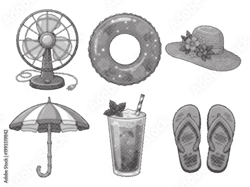 Summer vacation objects and accessories for relaxation and fun in the sun one sentence